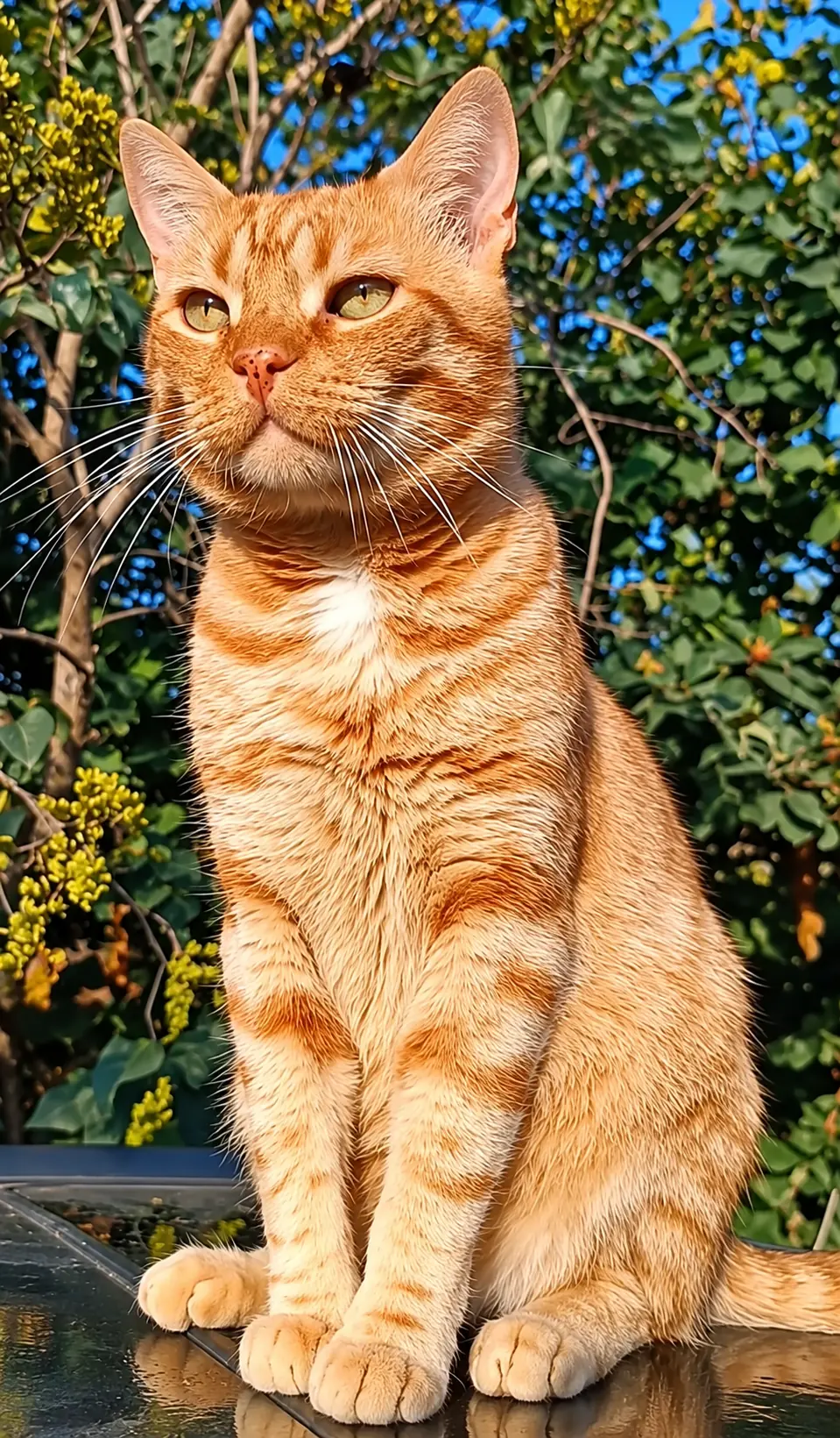 Bebcho the orange cat sitting in warm garden sunlight