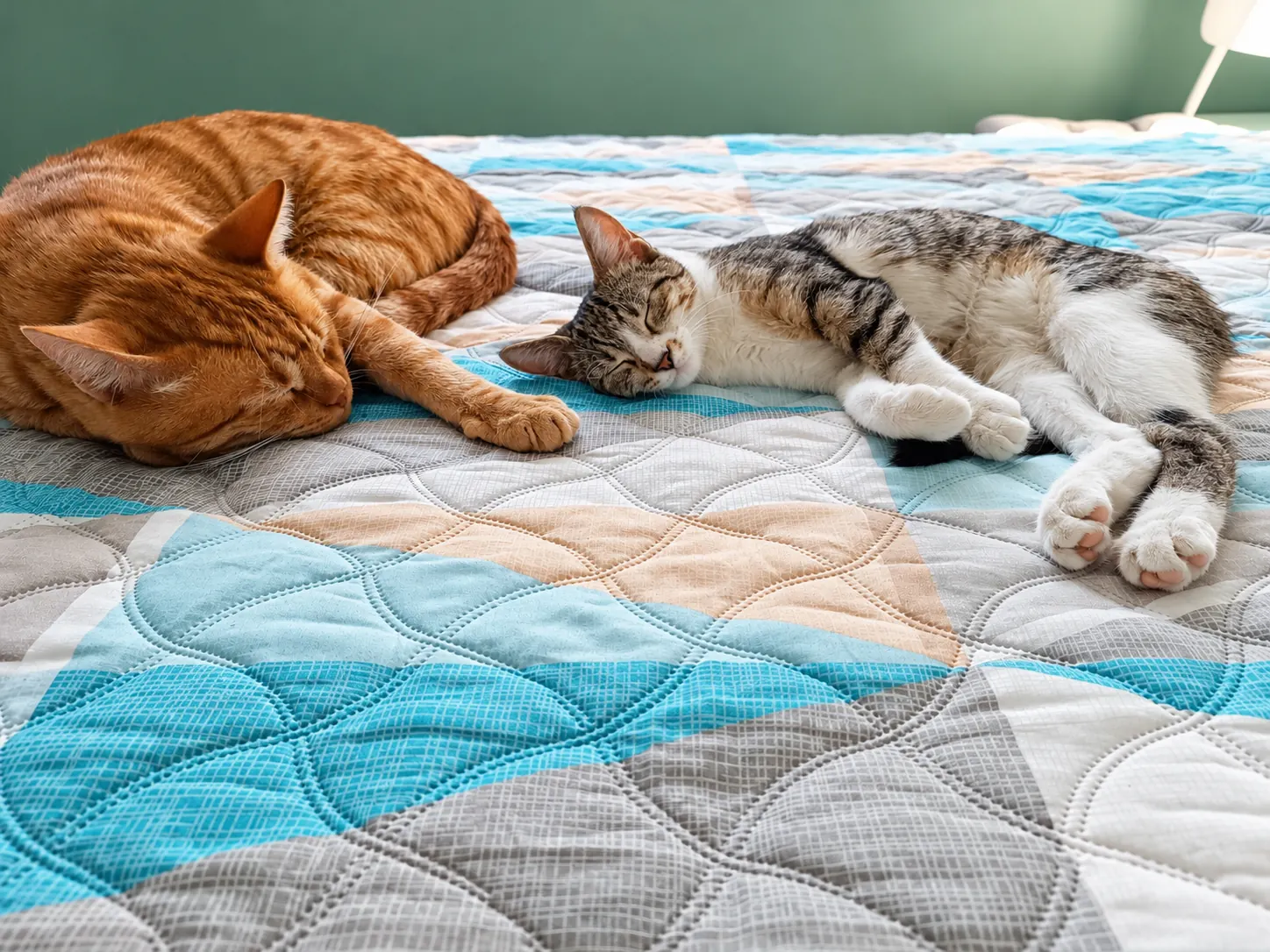 Cats resting on a quilted bed